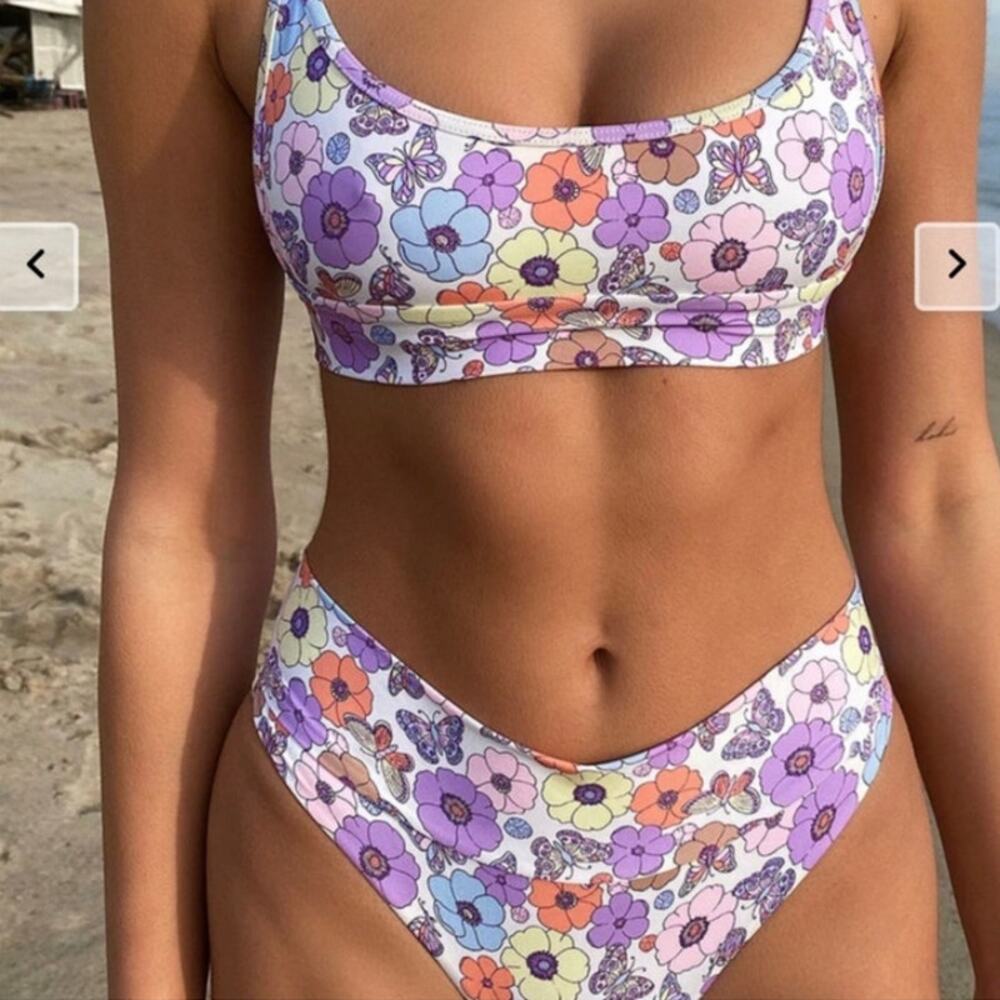 Frankie's Bikinis Floral Print Bikini - Purple and Orange